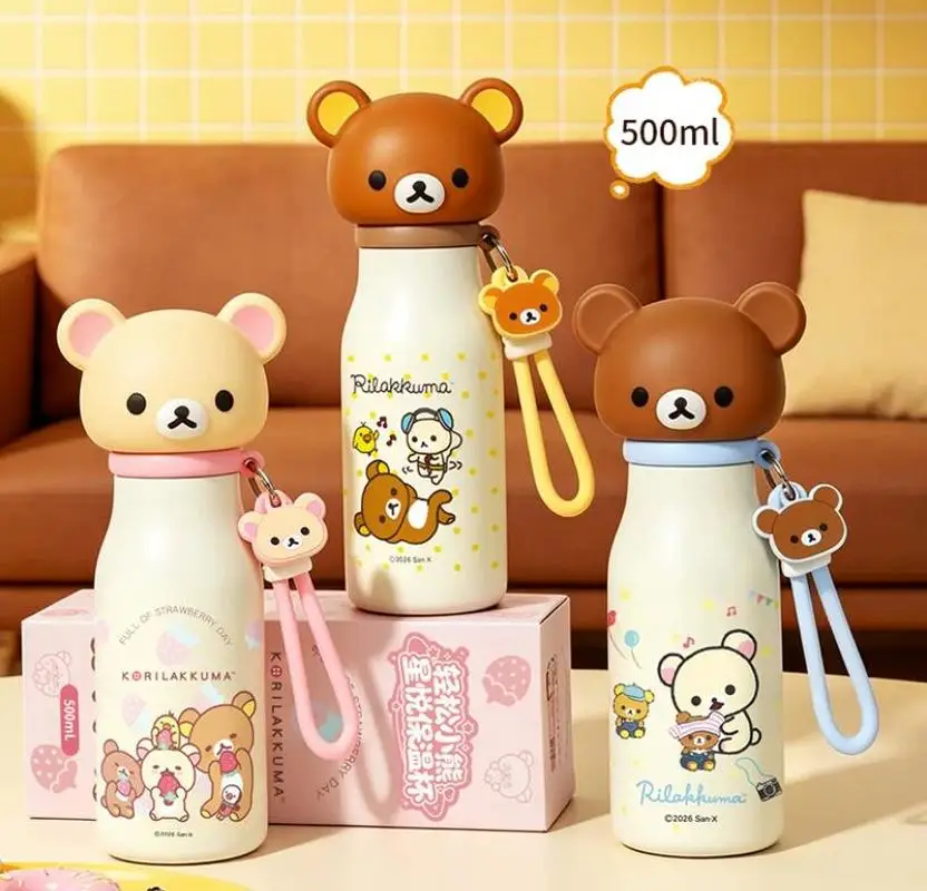 Rilakkuma Isolierte Wasserflasche 500ml 316 Edelstahl Tragbarer Auslaufsicherer Kalt- und Heißgetränkebecher für Outdoor, Reisen und Büro