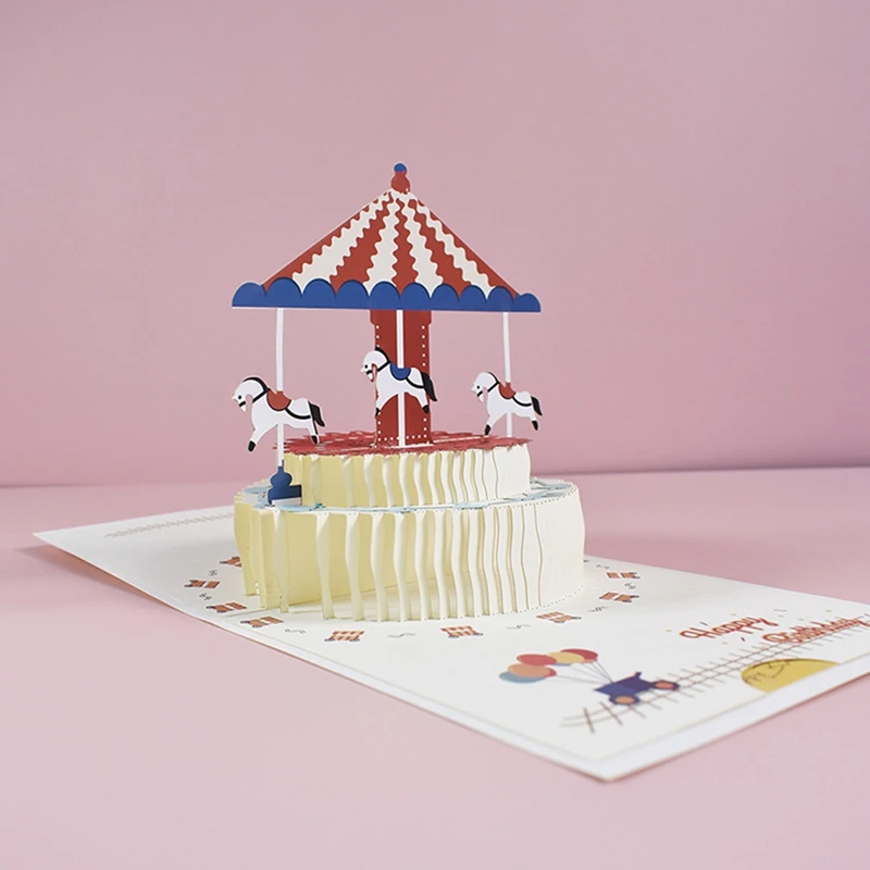 Carte d'anniversaire Top-3D avec la conception de conception de gâteau de carrousel, cartes d'anniversaire avec enveloppe pour la famille, amis, enfants, femmes