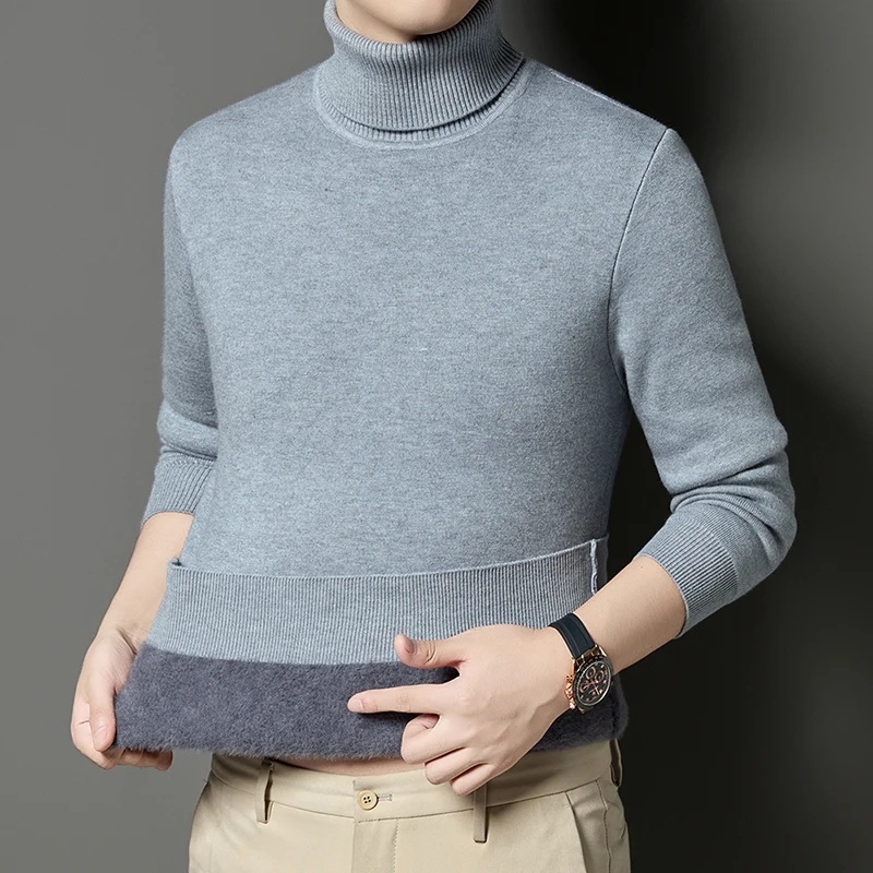 High neck sweater men's winter new style with added fleece and thick wool sweater for warmth, inner layer and base knit sweater