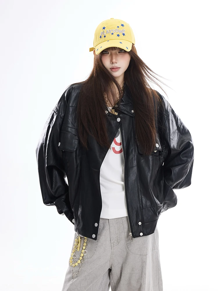 American Retro Stand Collar Leather Jacket Women Short Loose High End Feeling Jacket Cool And Elegant Style for Autumn Winter