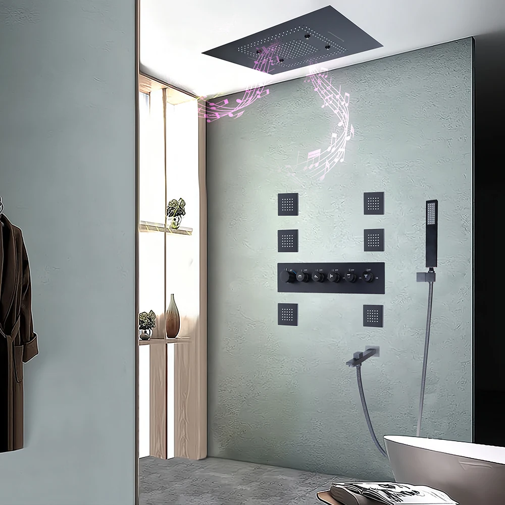 

800x600mm ceiling mounted black Thermostatic led 64 colours music rainfall shower system set