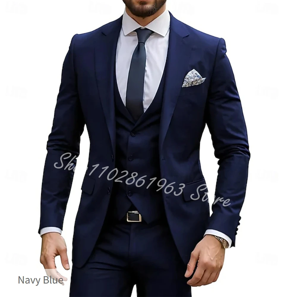 

Navy Blue Men's Suit 3-piece Set (Jacket+Vest+Pants) Custom Wedding Party Tuxedos Formal Elegant Costume Homme Mariage