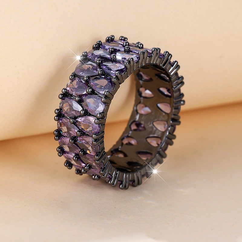 Vintage Gothic Black Purple Stone Band Ring for Women Men Luxury Jewelry Full Zircon Mystic Couple Rings Size 5 to 13