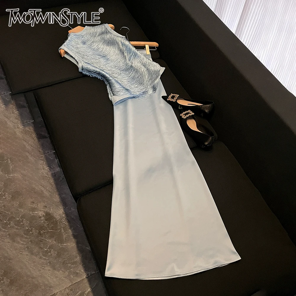 TWOTWINSTYLE Formal Dinner Blue Fringe Two Piece Set for Women Off Shoulder Top Satin Mermaid Skirt Suit for Office KSE556214