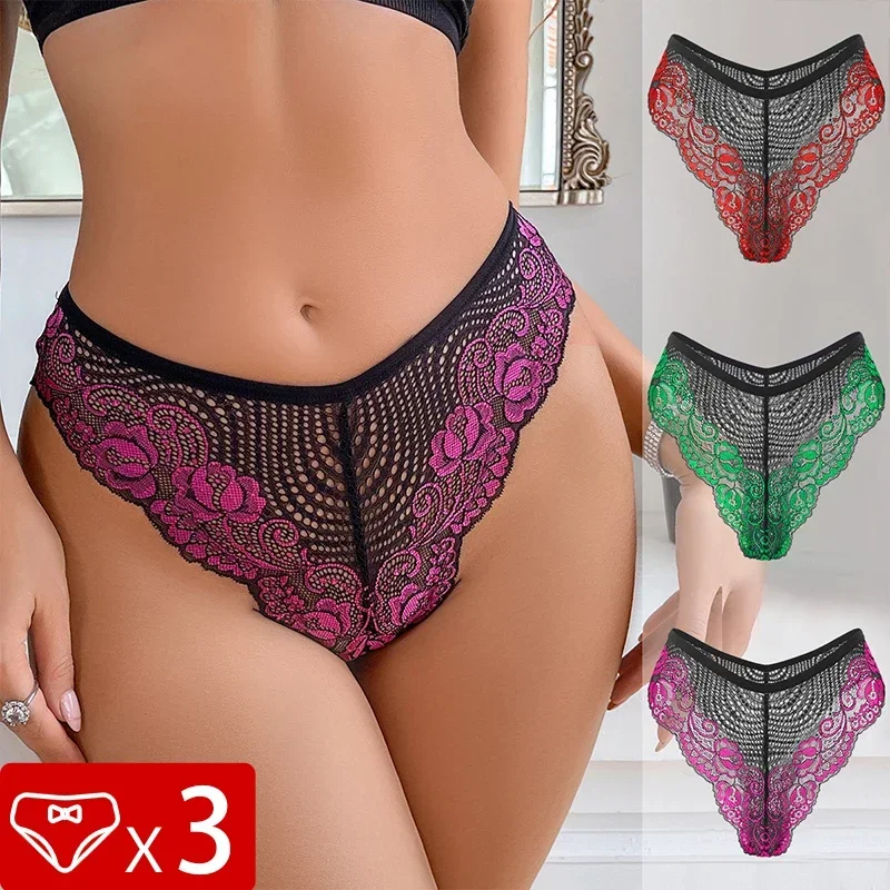 

3pcs Plus Size Embroidery Underwear Sexy Lace Women Panties Hollow Out Mid Waist Comfortable Female Briefs Perspective Lingerie