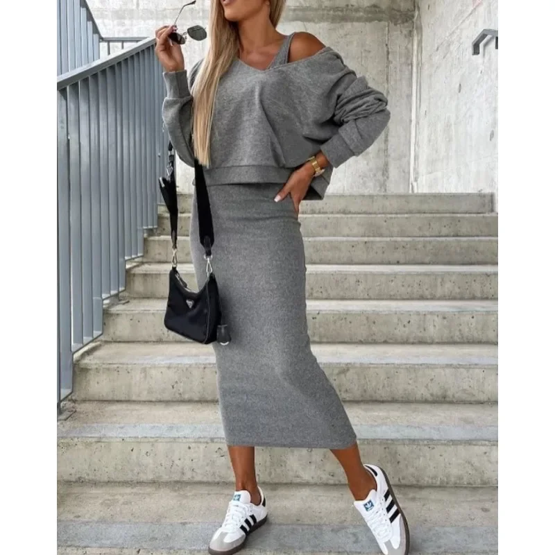 Long Sleeve Sweatshirt Coat Slim Fit Y2K Sweatshirt Tops Women Dress Sets Two Piece Sets Outfits Sheath Sexy Midi Dress