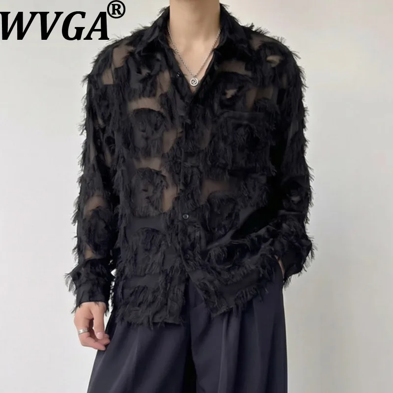 WVGA Spring Autumn New Men Breathable Lace See-Through Trendy Long Sleeved Shirts Niche Chic Casual Turn-Down Collar Tops W26542