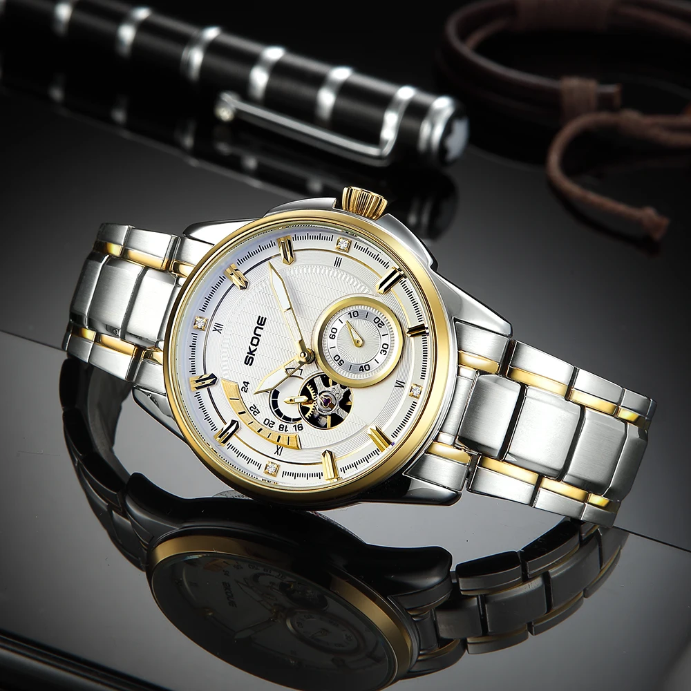 SKONE นาฬิกากลไกอัตโนมัติเต็มรูปแบบกันน้ําสําหรับผู้ชายพร้อมแถบเหล็ก นาฬิกาธุรกิจแบรนด์ไฟกลางคืนอินเทรนด์