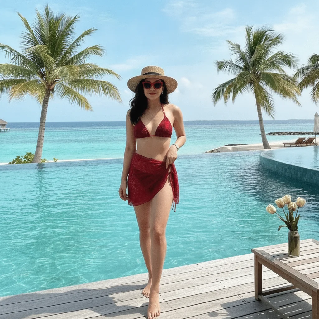 Fashion Halter Sexy Brazilian Bikini Set Cover Skirt Mesh Three-Piece Swimwear Nylon Red Lace Bikinis Bathing