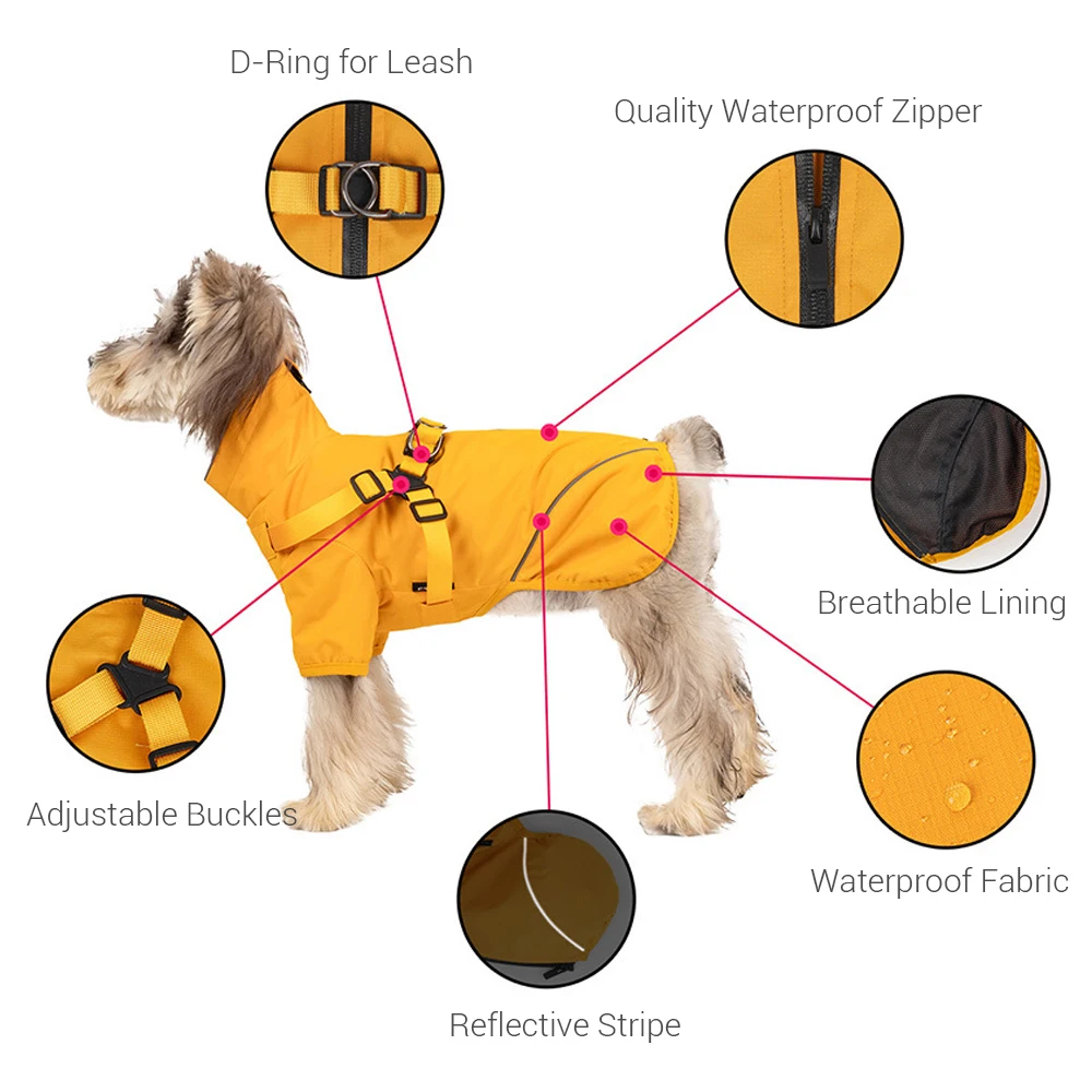 Waterproof Dog Rain Jacket with Harness Safety Reflective Dog Raincoat for Small Dogs Pet Outdoor Jackets for Jungle Camping