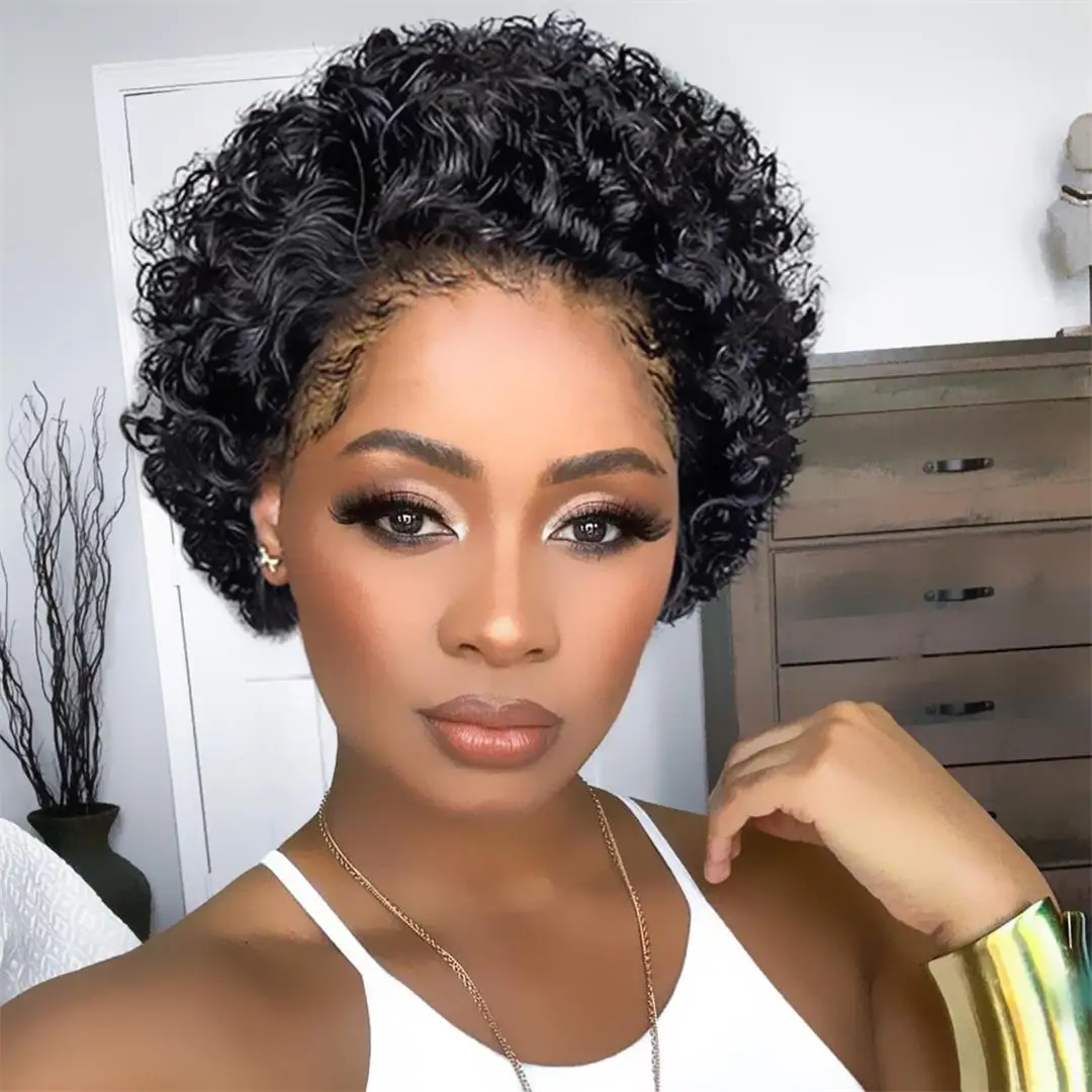 

Short Wigs Human Hair Kinky Curly Human Hair Wigs Brazilian Hair For Women Pixie Cut Wig 13X1 Transparent T Part Lace Wig