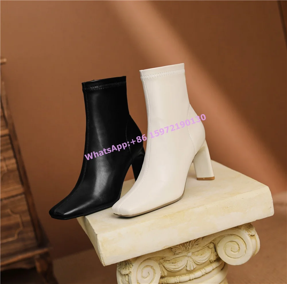 

Solid Side Zipper Ankle Boots Strange Style Heels Square Toe Black White Mid Calf Boots Women's Niche Design Fashion Short Boots