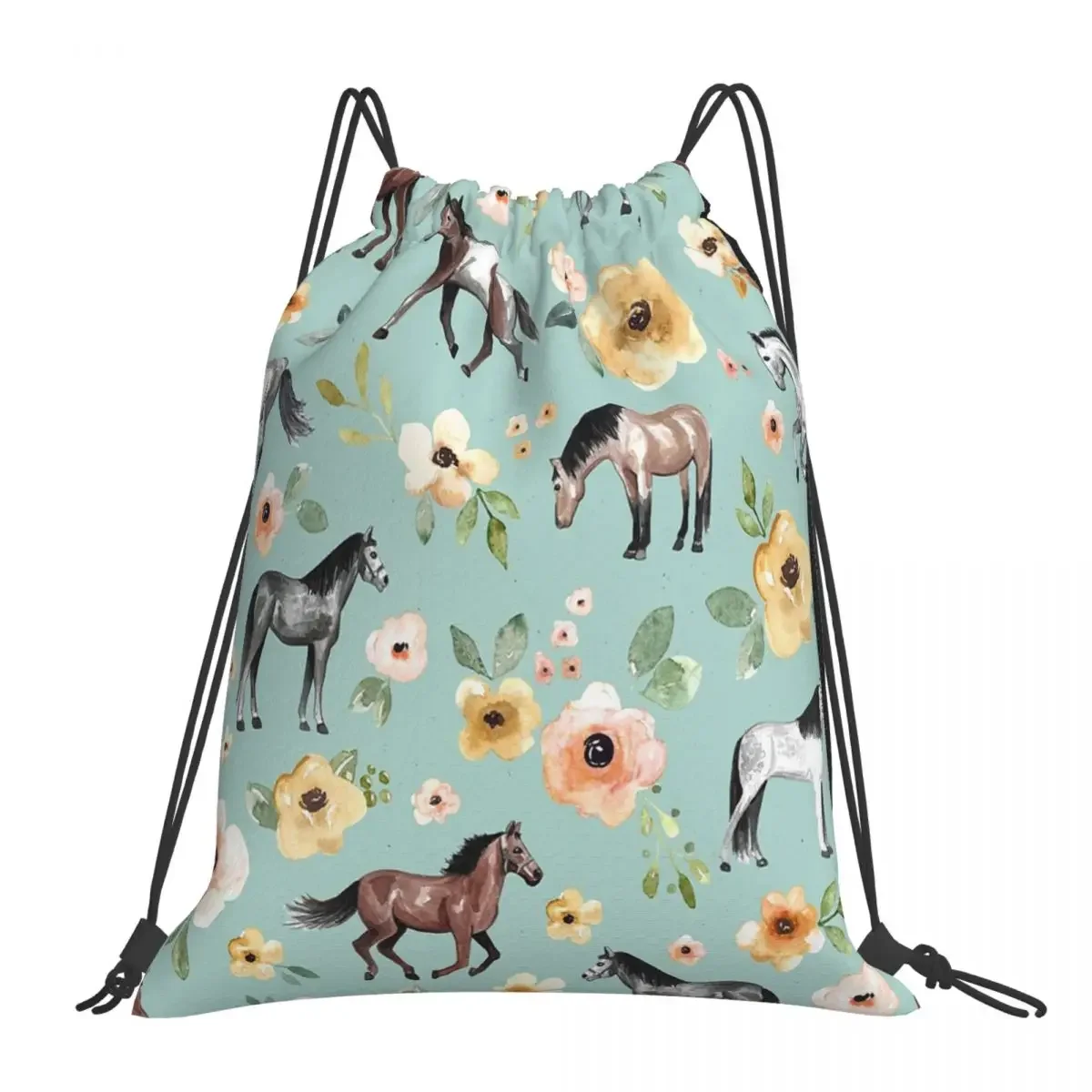 

Horses With Flowers Backpacks Multi-function Portable Drawstring Bags Drawstring Bundle Pocket Shoes Bag BookBag Travel School