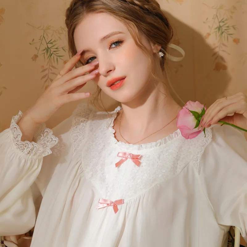 

Sweet Cotton Night Dress Autumn Women Full Sleeve Victorian Nightgown Vintage White Pink Nightdress Sexy Long Gown Sleepwear