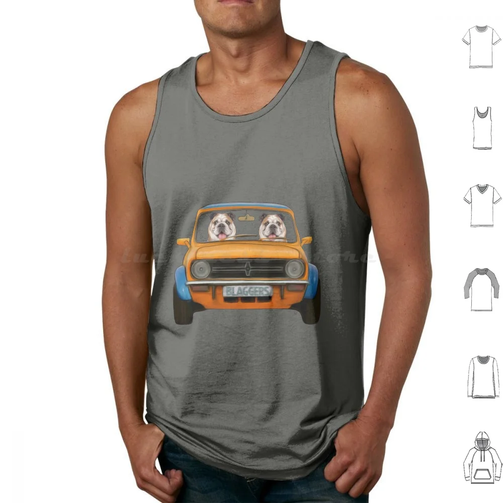 Bulldogs en una mini camisetas sin mangas chaleco sin mangas Bulldogs británicos Mini coche Leyland Mini forma antigua Mini Animal de los años 80