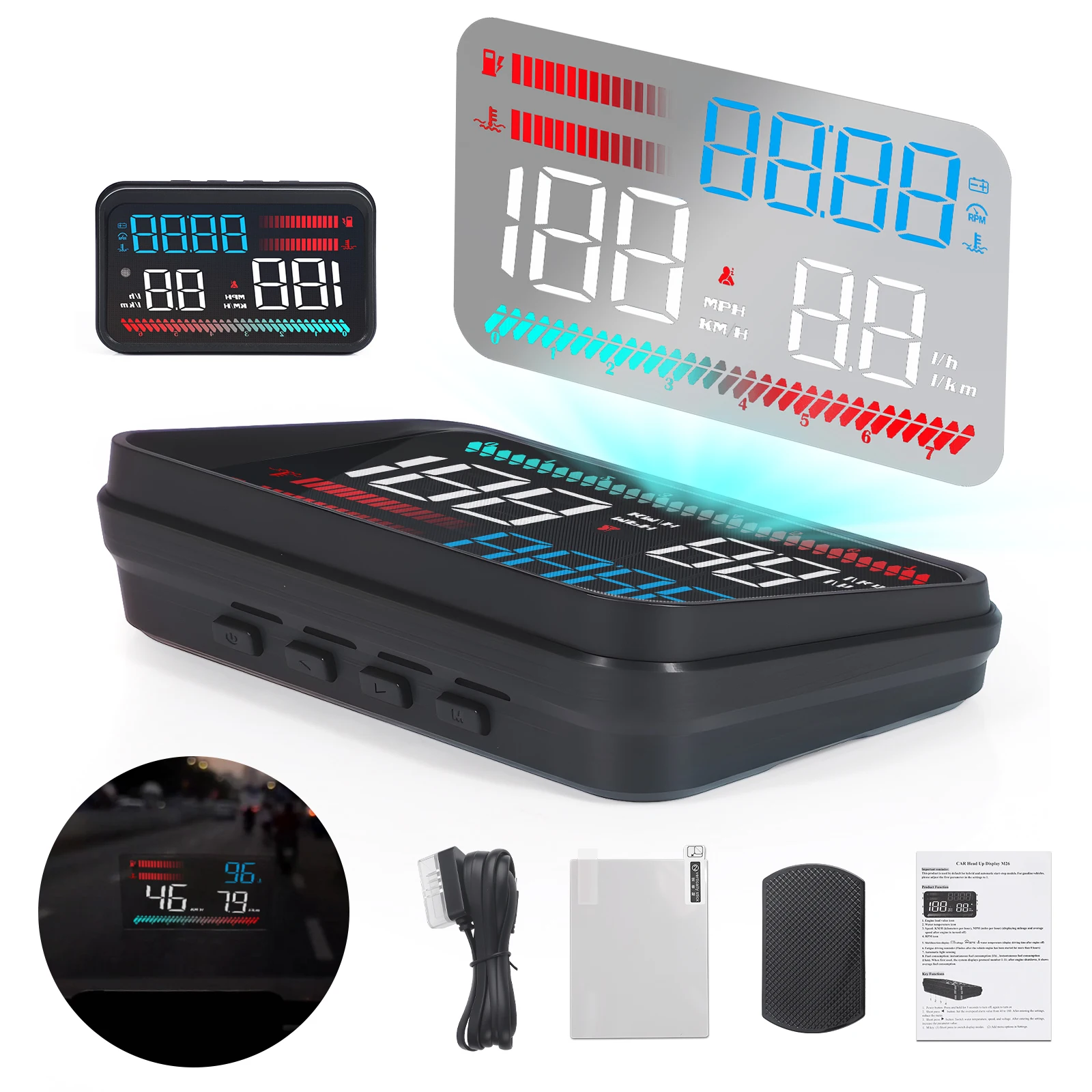 Digital Speedometer RPM Voltage Turbo Pressure Oil Temp Time Gauge For Auto Car Head Up Display P16 OBD2 TFT LCD Color Screen