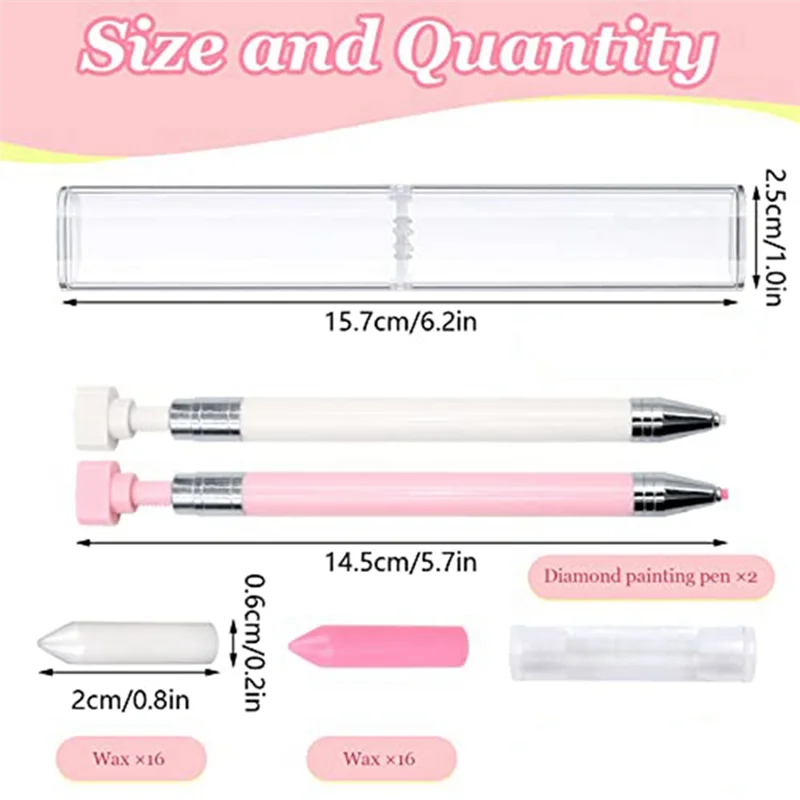 طقم أقلام طلاء ماسية مكون من 34 قطعة، قطعتان من قلم الشمع القابل لإعادة الملء مع 32 قطعة شمع، قلم حفر دوار بنقطة غراء (وردي) HY
