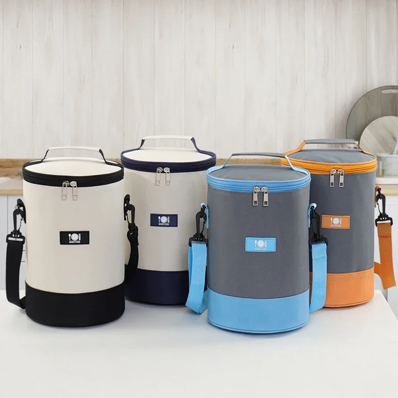 Fresh-Keeping Thickened Lunch Box Bag Round Barrel Oxford Cloth Insulation Large-Capacity Portable 2024 New