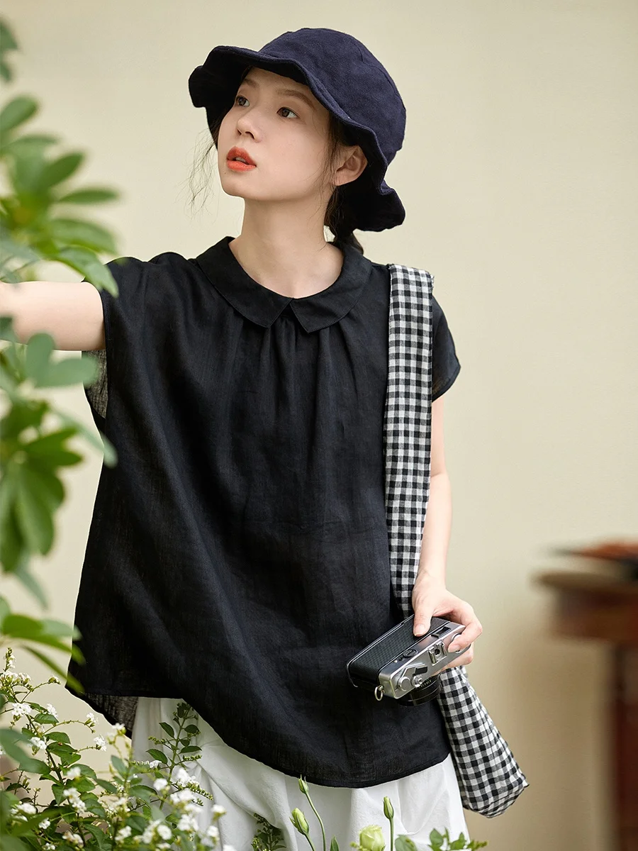 

Original Black Linen Shirt Women's Summer Thin Loose Short Sleeve Shirt Casual Style Chinese Brand Fashionable And Elegant