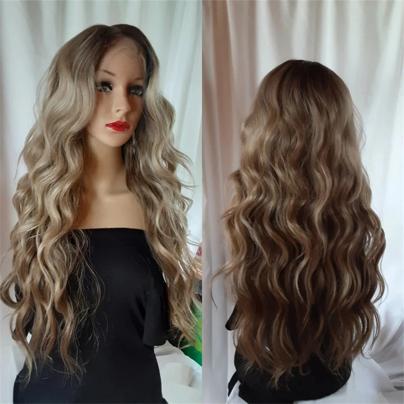 

Ombre Blonde Brown Long Body Wave HD Transparent Lace Front Synthetic Wig With Preplucked Realistic Hairline High Quality Women