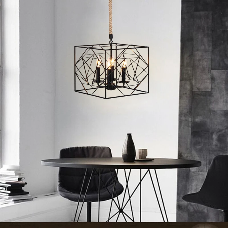 

35cm Square Vintage Black Wire Cage Pendant Light E14 Bulb Rope Cord Pendant Lighting Fixtures For Dinning Room Kitchen Island