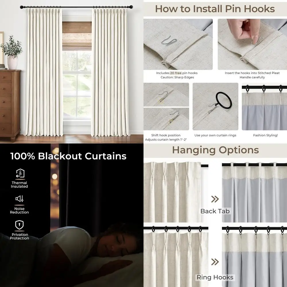 

Pinch Pleated Blackout Curtains 96 Inches Long, Linen Blend, 100% Blackout Drapes with 20 Hooks, Ideal for Bedroom and Living Ro