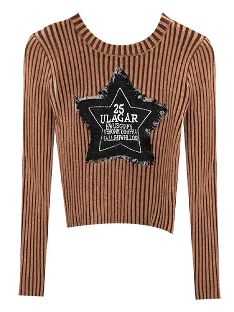 Fall Woman American Vintage Striped O-neck Crop Sweaters Star Pullovers Long Sleeve Gyaru Tide Jumper Knitwears Y2k Streetwear