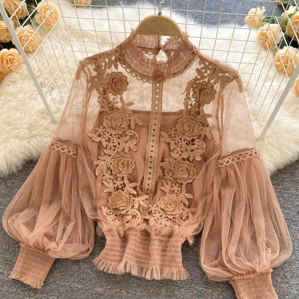 2Pcs/Set Summer Lace Puff Long Sleeve Blouse 3D Flower Fashion Cropped Top Vintage Korean Women Shirts Clothing Women