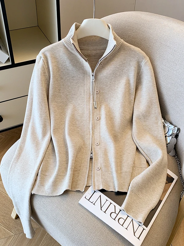 

Korean Sle Stand Collar ort Zipper Knitted Sweater Women's Casual Versatile Spring Autumn Faionable Top Trendy