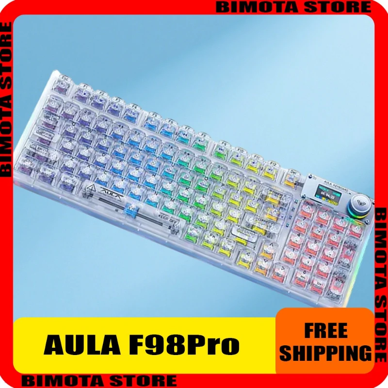 

AULA F98PRO Mechanical Wireless Keyboard Transparent Keycaps RGB BT5.0/2.4G/USB-C RGB Backlit Gaming Keyboard with Screem Gift
