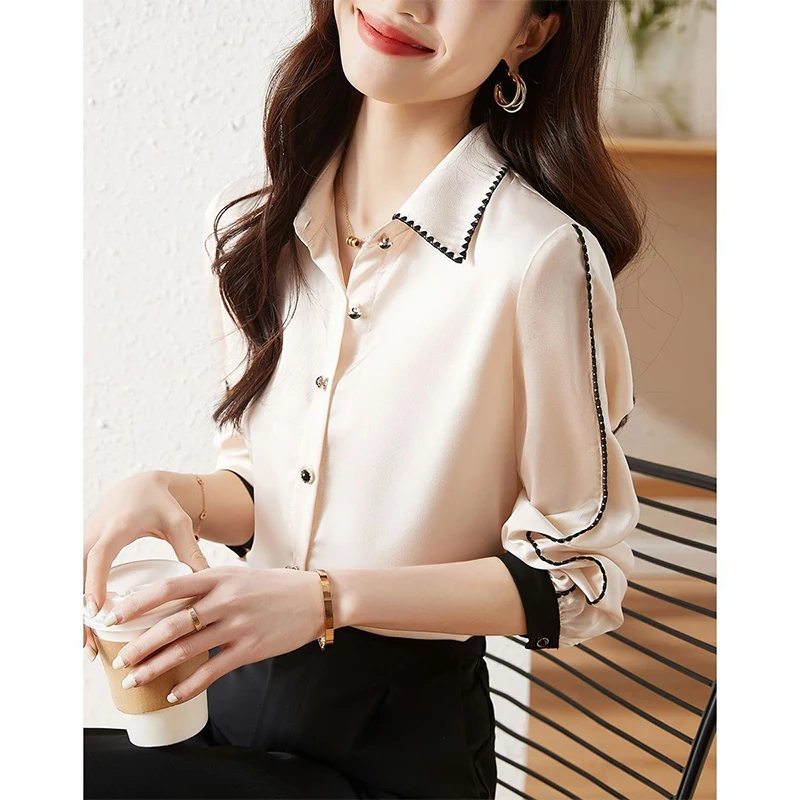 Frühling Herbst koreanische Mode Polo-Ausschnitt elegante Patchwork-Shirt weibliche Langarm-Strickjacke All-Match-Top-Frauen Knöpfe Bluse