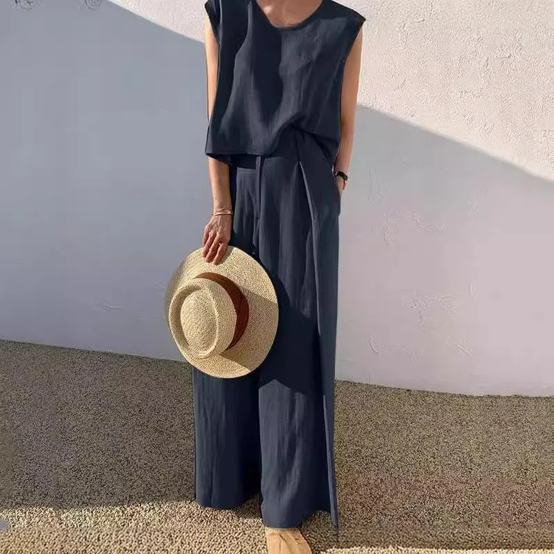 2024 New Summer Suit, Fashionable Casual Loose Two-piece Set, Sleeveless Top, Loose Wide-leg Pants, Women\'s Vest