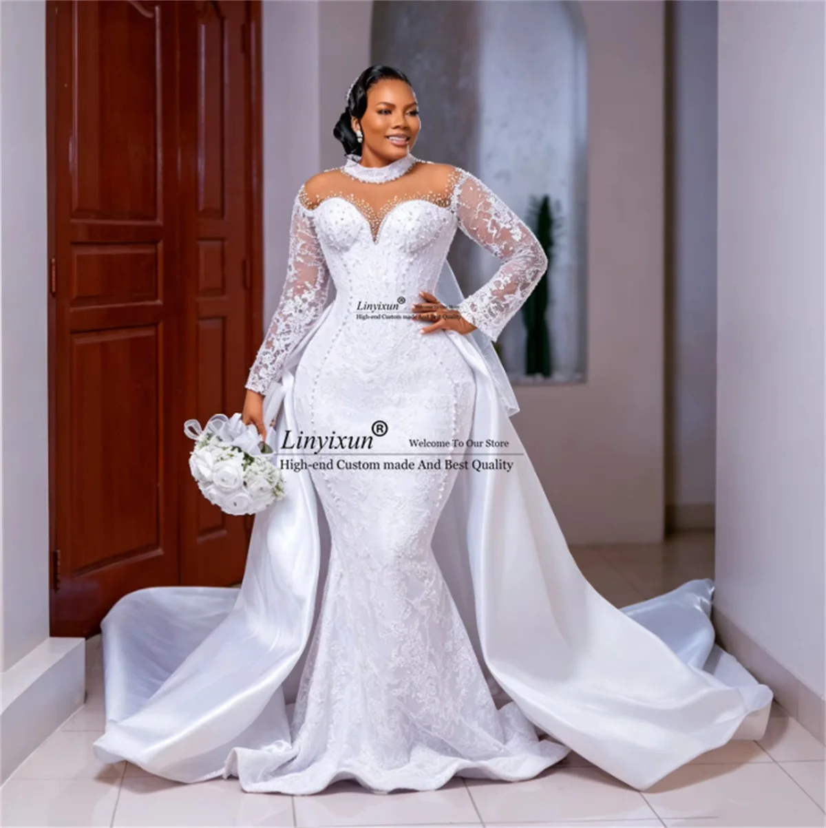 Luxury Mermaid Pearl Decoration Wedding Dress Sweetheart Neck Long Lace Sleeves Formal Bridal Gowns Customized Vestido De Novia