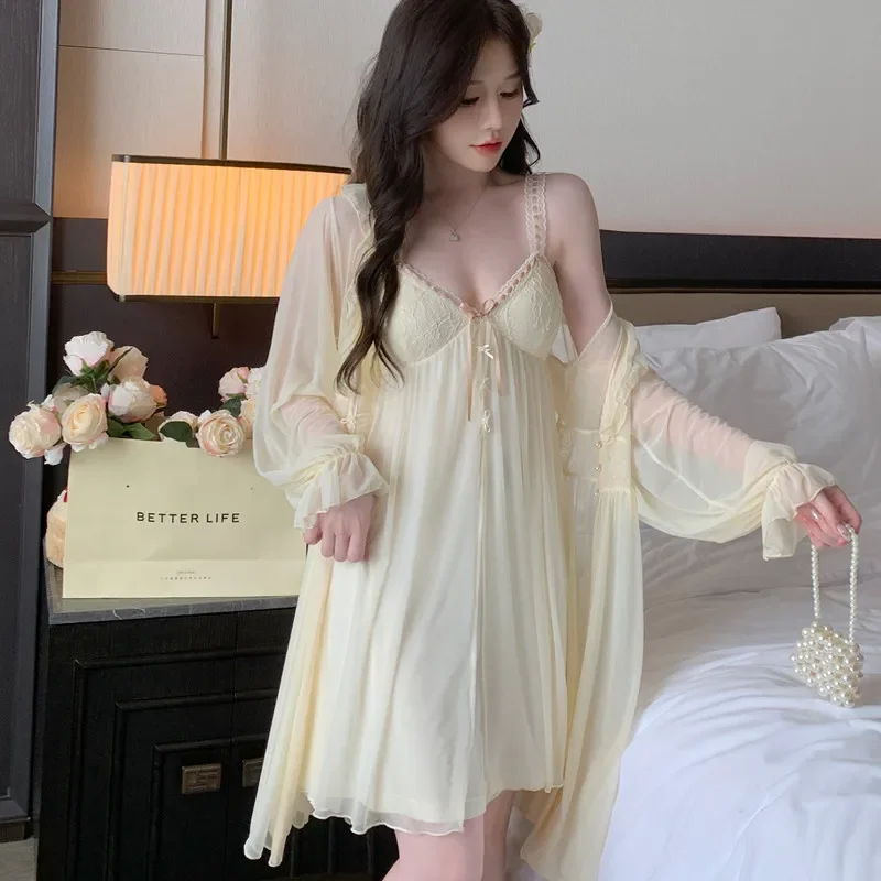 Twinset Mesh Lace Robe Set Women Kimono Sleepwear Nightdress Homewear Summer Bathrobe Gown Suit Nightgown Loungewear