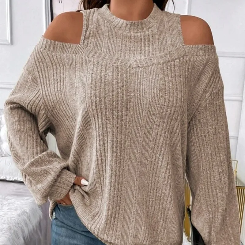 Women\'s Autumn Winter Solid Round Neck Off Shoulder Paisley Flared Long Sleeve Sweater Knitted T-shirt Office Lady Loose Tops