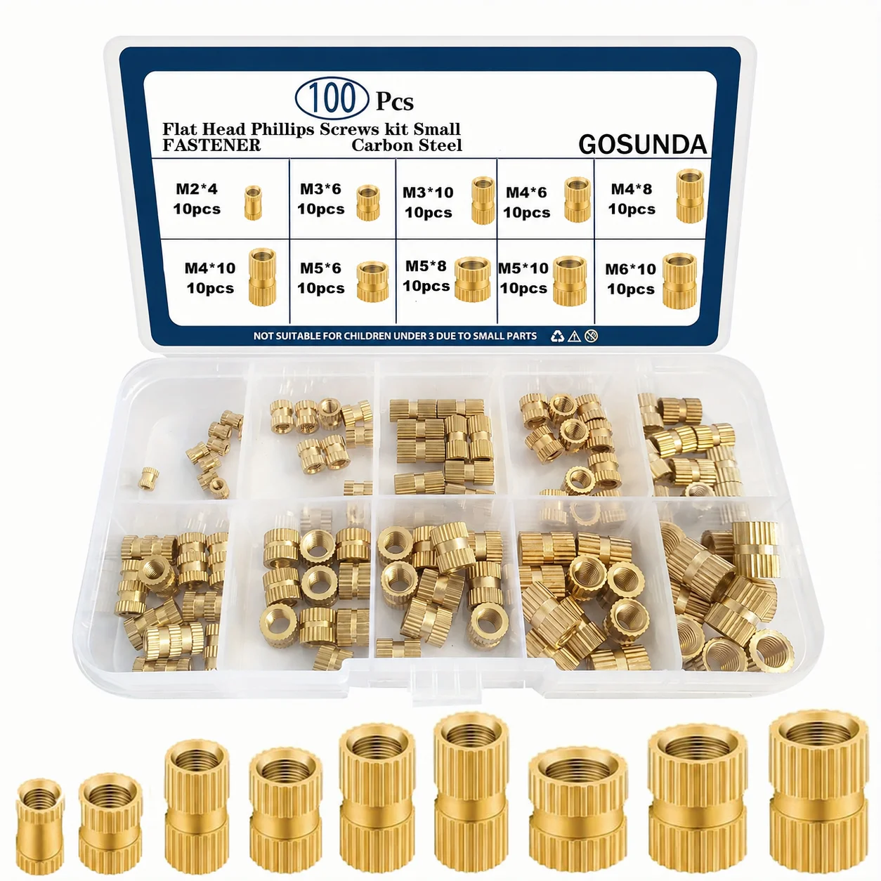 100brass threaded inserts,M2 M3 M4 M5 M6 internal thread metric knurled doublethreaded nut combination kit,brass heat setinserts