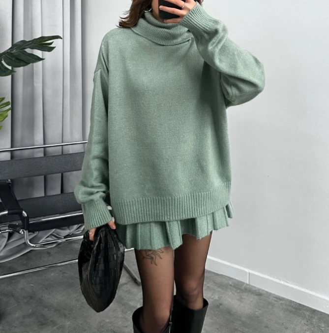 Women\'s Sweet Style Suits 2025 Autumn Winter Latest Solid Half High Collar Round Neck Loose Long Sleeves Top Simple Skirt Set