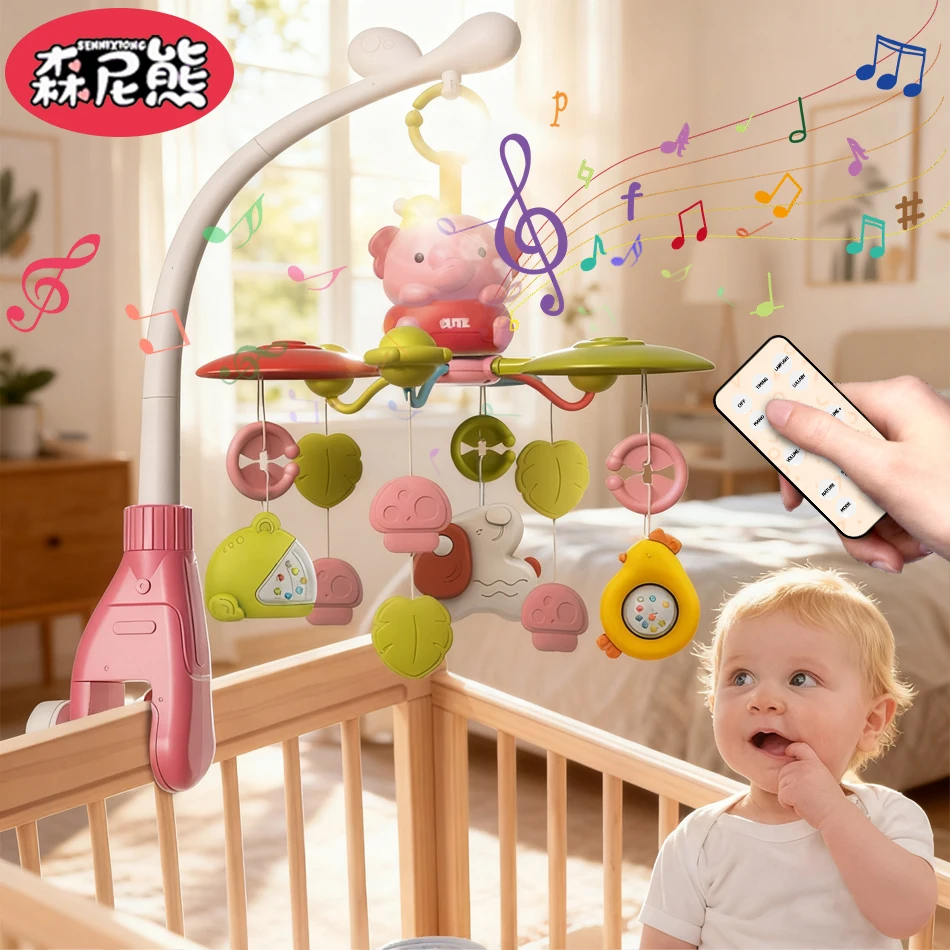 

SENNIXIONG Montessori Mobile Elephant Soothing Bed Bell Electric Music Rotation Night Light Infant Rattle Toddler Sensory Toy