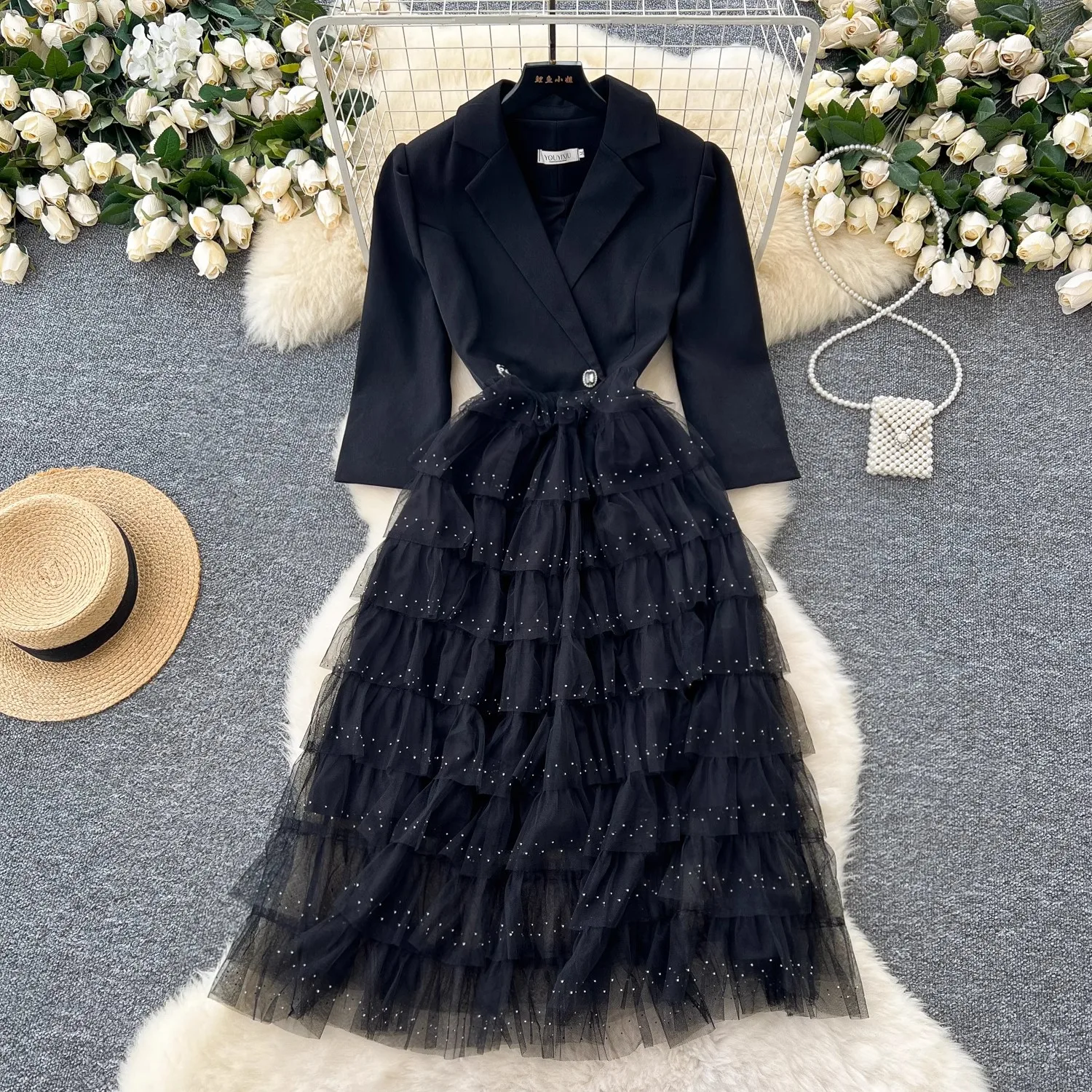 Autumn Mesh Patchwork Layers Ruffles Cake Midi Dress 2024 Elegant Women Notched Collar Buttons Fake Two Piece Party Clothes