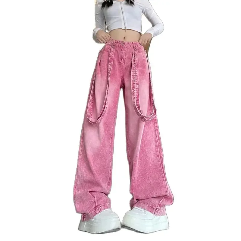 Streetwear Cut Out Denim Trousers Women Jeans High Waist Dopamine Pink Y2K Patchwork Belt Casual Loose Straight Cargo Pants