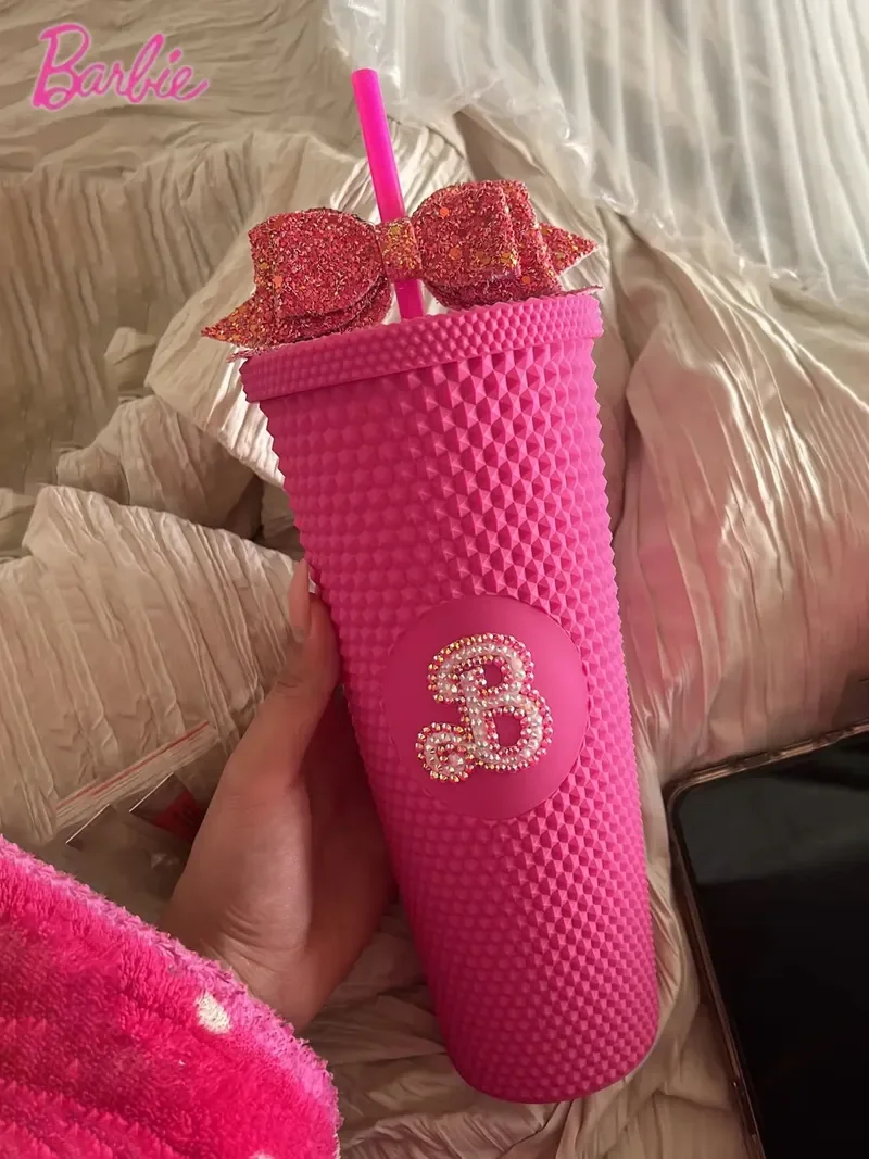 Miniso Barbie Pink Party Diamond Cup With Bling Bow Plastic Straw Insulated Water Bottle Glitter Tumbler For Girl Surprise Gifts