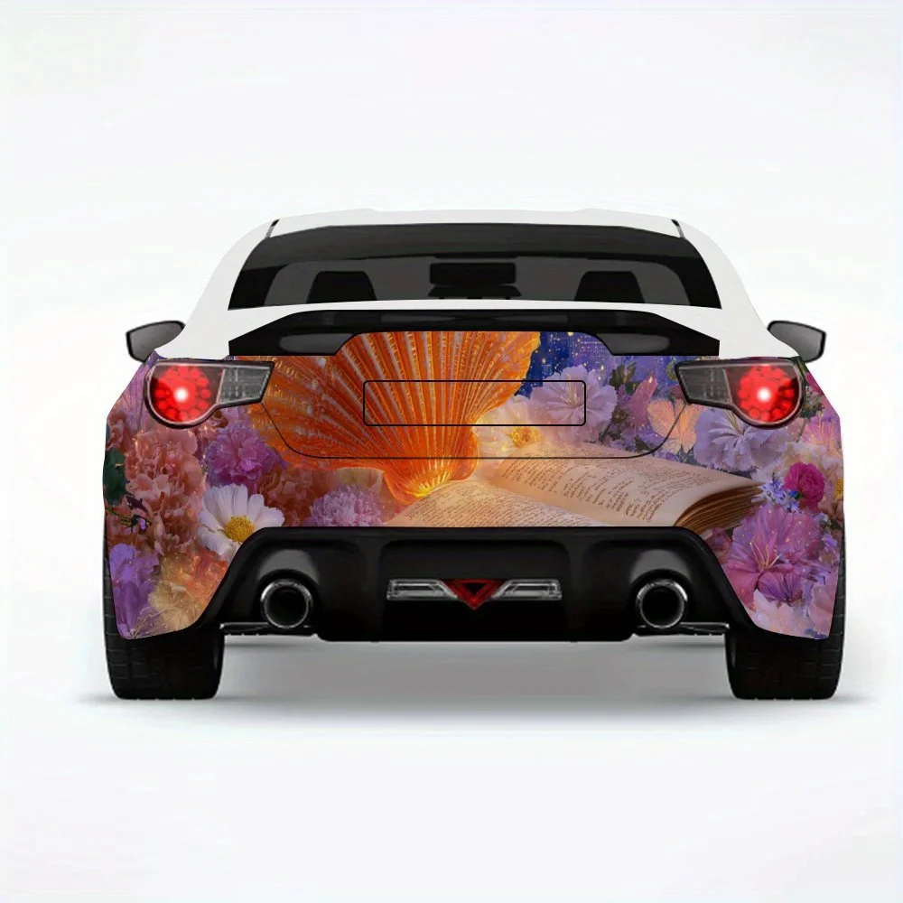 

Автомобильная наклейка «Раковина и книга» с цветами и звездами, виниловая наклейка на заднюю часть автомобиля, водонепроницаемые самоклеящиеся виниловые наклейки для автомобиля