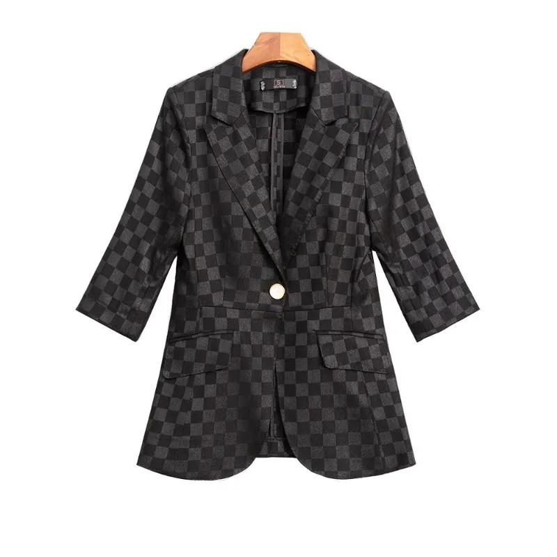 Plaid Women Suit Blazer Ladies Apricot Black Blue Chessboard Grid Half Sleeve Female Business Work Wear Formal Jacket Coat