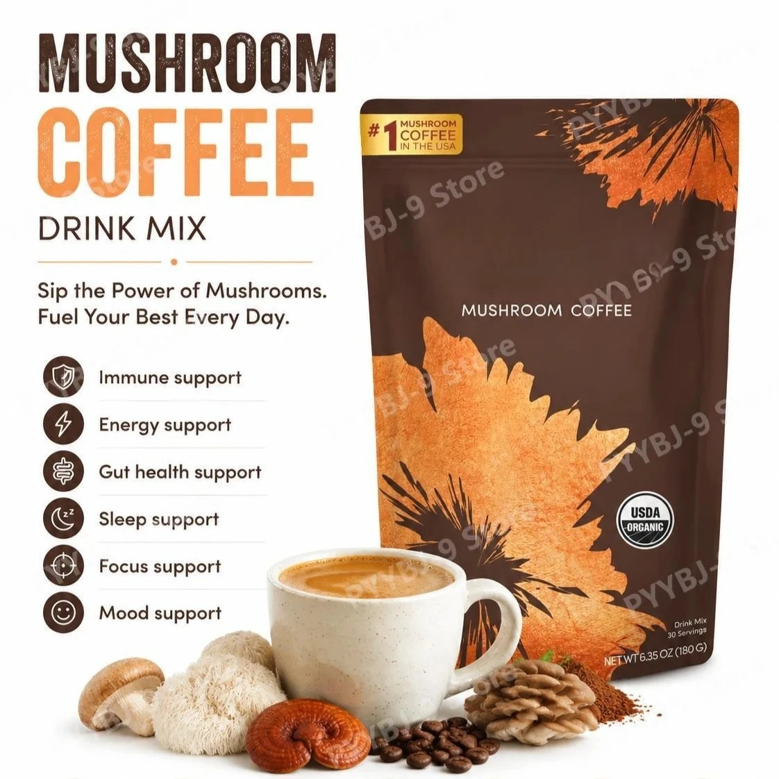 Organic Mushroom Blend Powder Lion's Mane Reishi, Gut Health & Energy Support, 48mg Caffeine, Gluten Free Vegan, 30 Servings