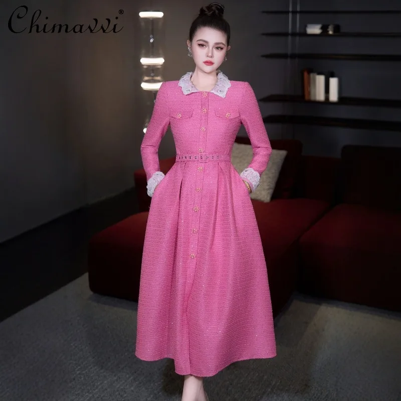 

High-End 3D Flower White Lapel Spliced Long-Sleeve Princess Dress Autumn Winter New Fashion High-Waist Elegant Women's Dress