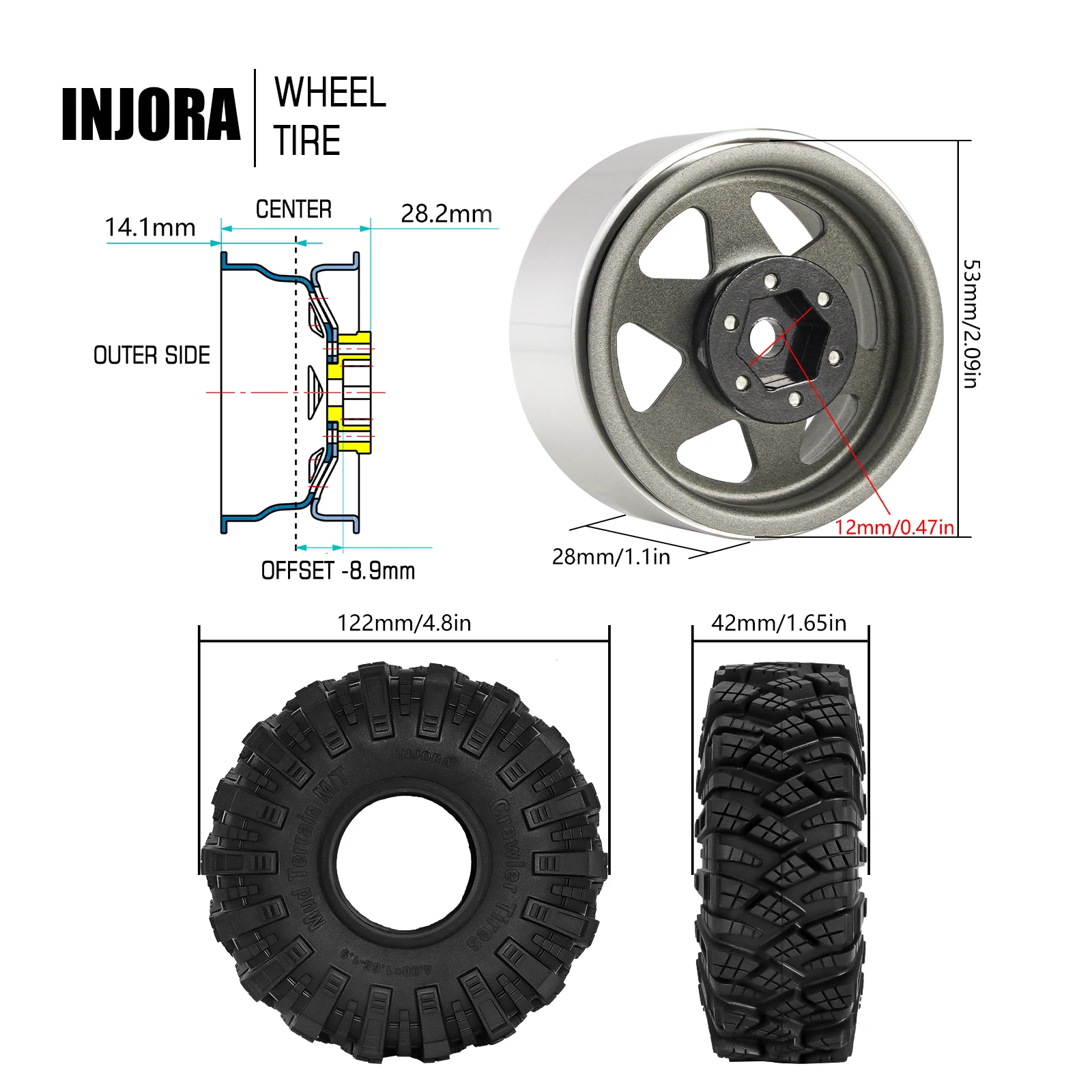 Jeu de pneus à boue S5 avec roues Beadlock de 8,9 mm et 1,9 pouces pour chenille 1/10 RC