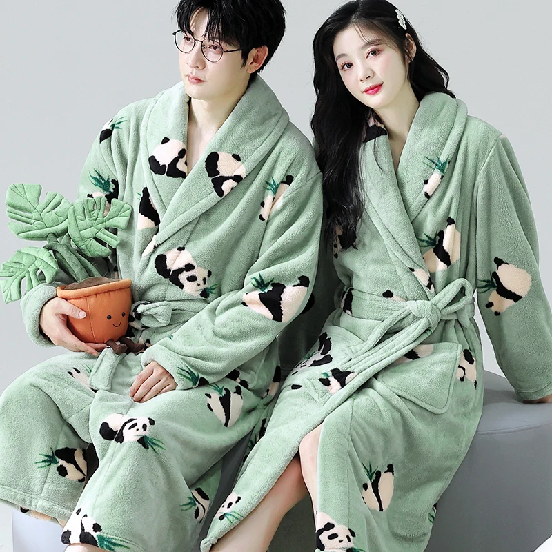 Cute Panda Print Flannel Couple Bathrobe Winter Thicken Warm Coral Fleece Long Nightgown Sleep Lounge Robe Kimono Nightwear Gown