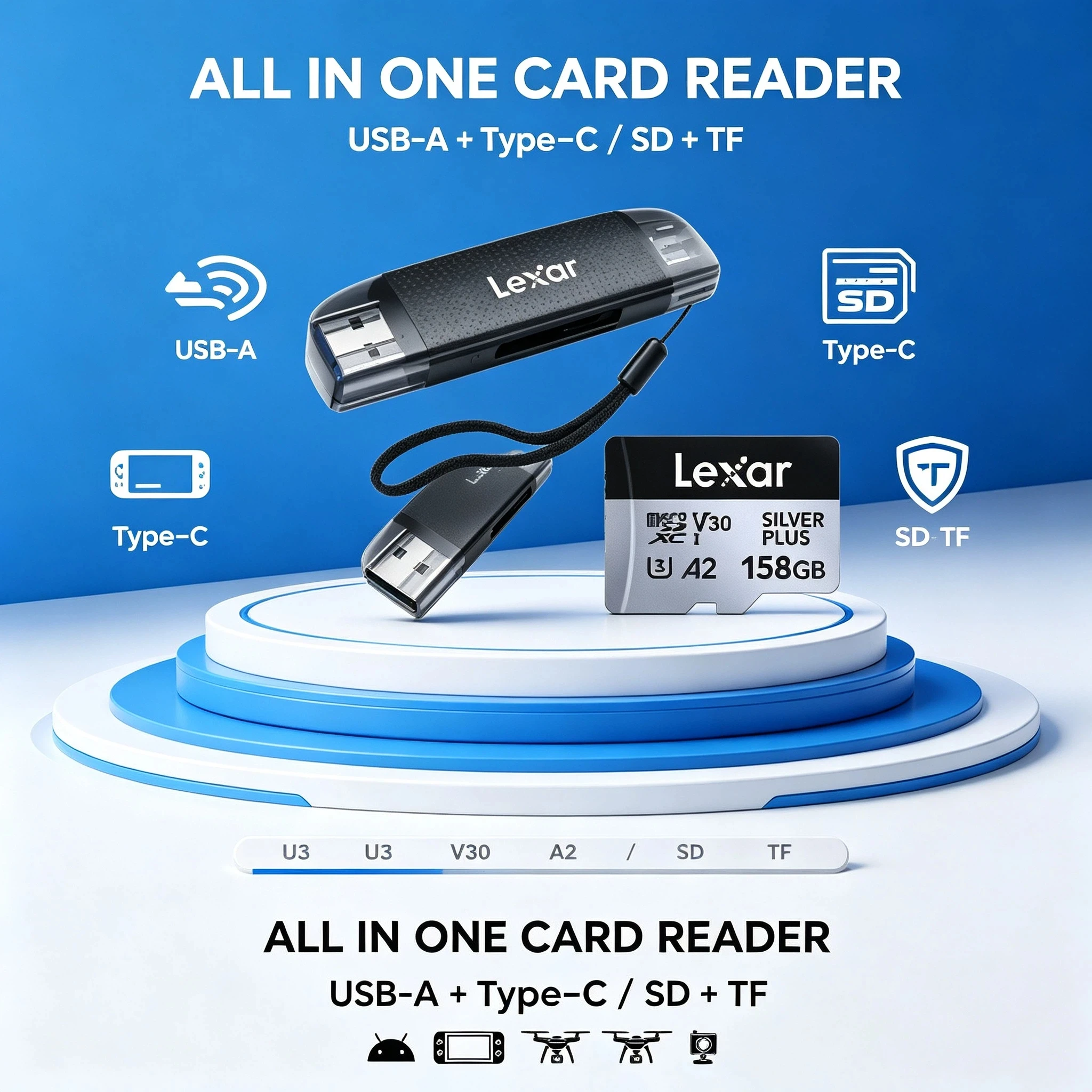 Lexar High Speed V30 A2 Micro SD Card 1TB 512GB 256GB 128GB 64GB 205MB/s Read 4K Video TF Card with USB 3.2 SD TF Card Reader