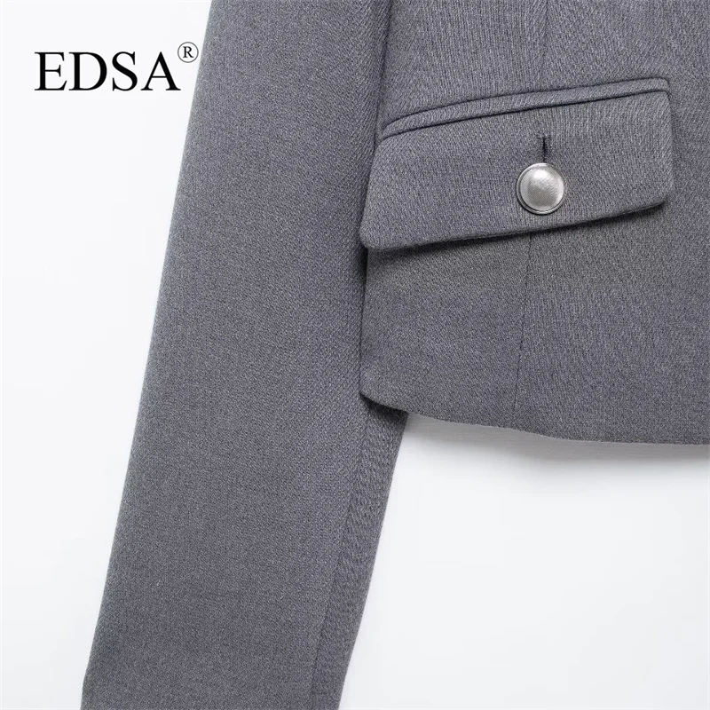 EDSA Women Casual Grey Blazer with Metal Button Single Breasted Flap Pockets Long Sleeves Solid Color Jacket Coat