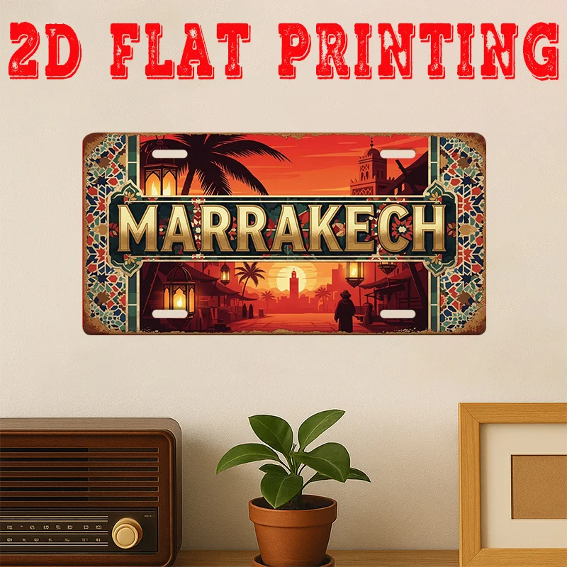 2D Flat, 2D Flat Metal Wall Art, 1pc Moroccan City Marrakech - Vintage Thematic Map with Arabic Language and Jamaa El-Fnaa Squar